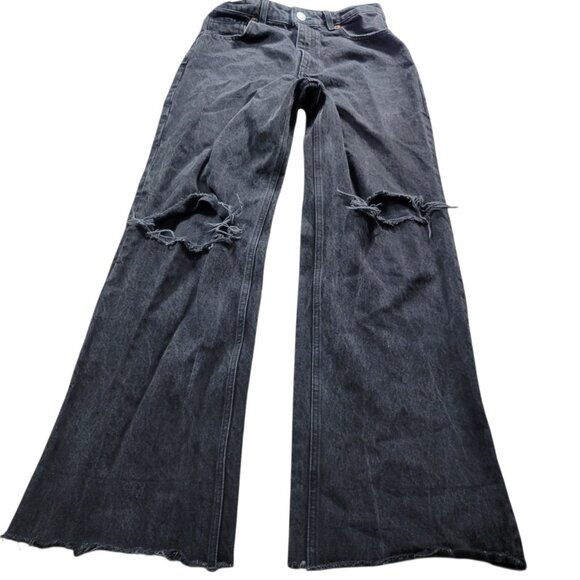 Zara Jeans Womens 6 Black Wide Leg Ripped Knee Distressed Denim - Picture 1 of 8